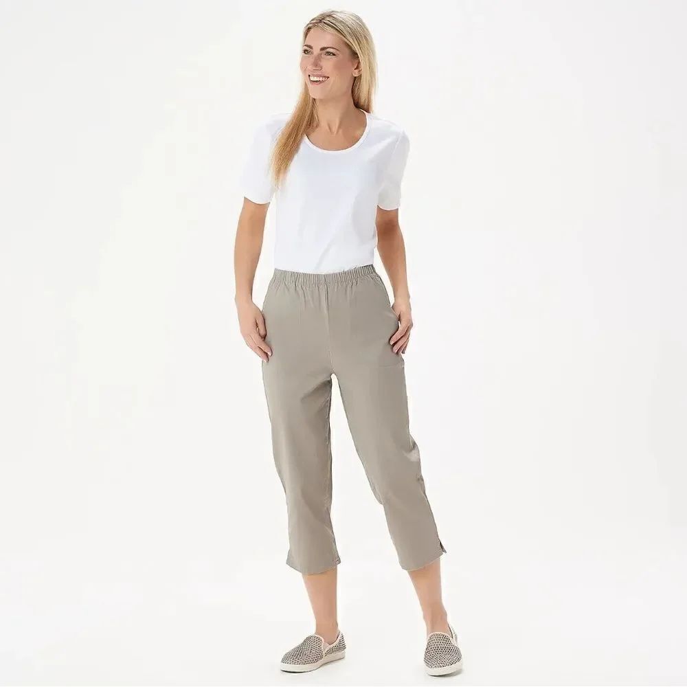 Denim & Co. Grey/KhakiOriginal Waist Stretch Crop Pants w/ Pockets - Size XS